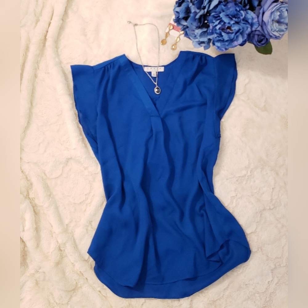 Royal blue V neck blouse office shirt